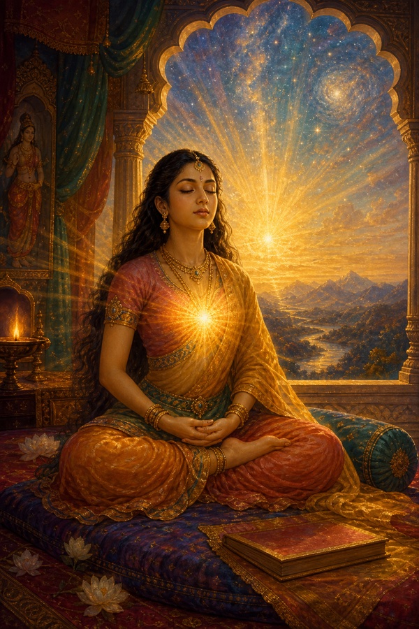 Rich painterly classical-Indian color illustration of Chudala in lotus posture in her chamber at the moment of awakening, eyes closed, a luminous inner radiance breaking open from her heart and spreading beyond the walls and stars, a closed manuscript at her side; serene self-realization tableau, dignified, no text, no watermark