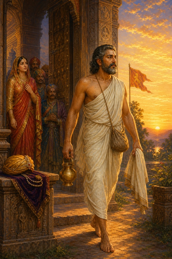 Rich painterly classical-Indian color illustration of King Shikhidhvaja in a plain ascetic wrap walking out of the palace gate at dawn carrying only a small seed-pouch, a kamandalu water-vessel and a simple cloth, having left his turban and royal signet behind; Chudala watching from the lit doorway, ministers gathered; dignified, no text, no watermark