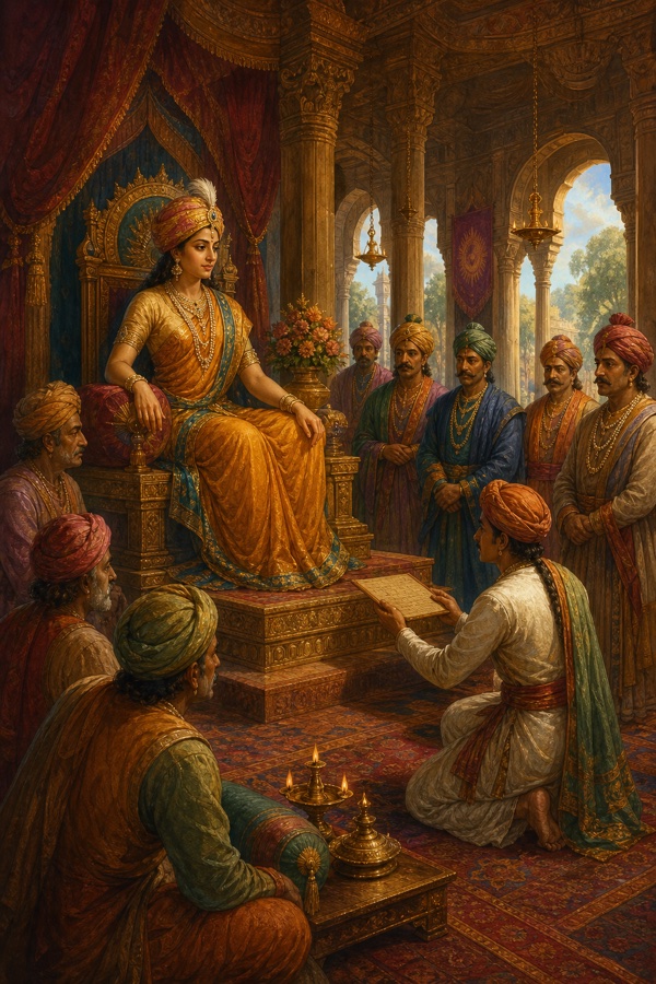 Rich painterly classical-Indian color illustration of Queen Chudala enthroned alone in a great pillared hall, turbaned ministers seated and standing in a semicircle below her, a kneeling scribe presenting a palm-leaf petition, ornate oil lamps and daylit arched windows; a queen ruling with calm authority, dignified, no text, no watermark