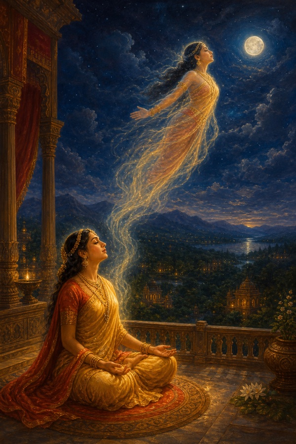 Rich painterly classical-Indian color illustration of Chudala in lotus posture on a moonlit palace terrace, a luminous translucent form of herself rising up from her seated body toward the night sky to fly over distant forest and hills, city lamps glowing below; sky-journey of consciousness, dignified, no text, no watermark