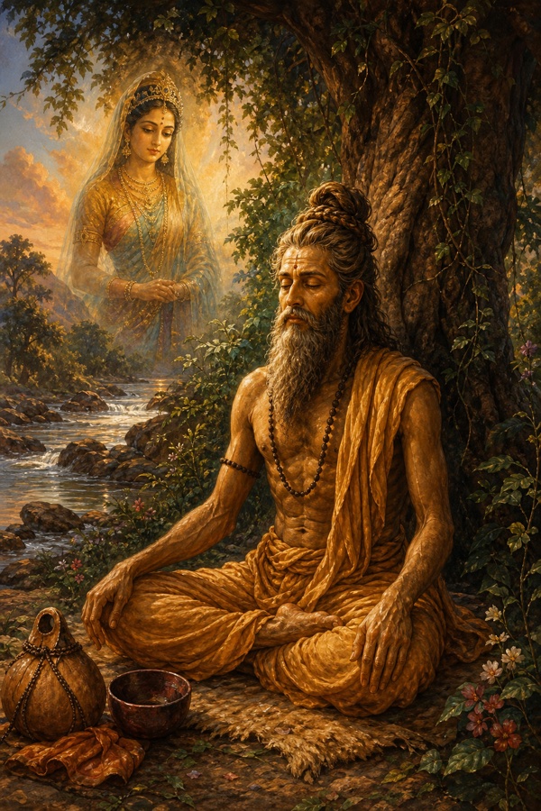 Rich painterly classical-Indian color illustration of the emaciated long-bearded ascetic Shikhidhvaja sitting beneath a great tree by a forest river, ribs showing, matted tangled hair, torn cloth, sunken eyes, a begging bowl and gourd vessels beside him; a translucent halo-form of Chudala silently watching unseen; dignified, no text, no watermark