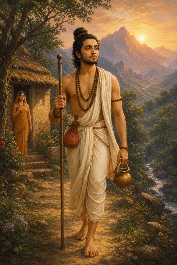 Rich painterly classical-Indian color illustration of the young lean brahmin youth Kumbha (Chudala's assumed male form) in simple cloth with rudraksha beads and a tall staff, a faint first beard, walking out toward the mountains and forest carrying a small seed-pouch and kamandalu; dawn light, a thatched hut behind; dignified, no text, no watermark