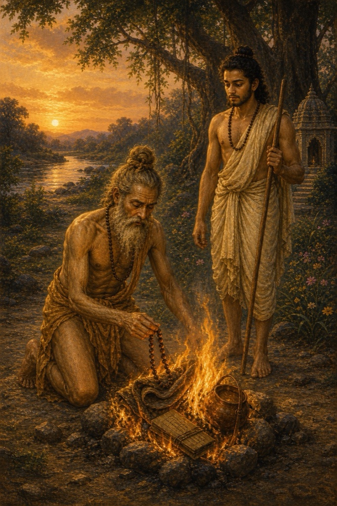 Rich painterly classical-Indian color illustration of Shikhidhvaja kneeling before a blazing fire of his own possessions, a blanket, an old prayer-mala, a small book and a kamandalu feeding the flames, while the young brahmin Kumbha stands watching at his shoulder; renunciation by fire under a great tree; dignified, no text, no watermark