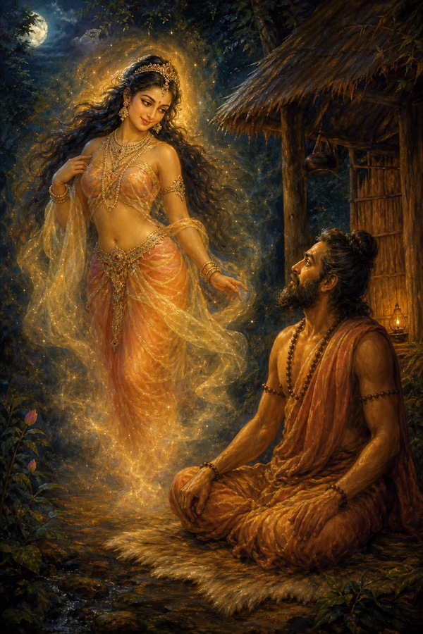 Rich painterly classical-Indian color illustration of a radiant celestial woman with flowing hair and shimmering ornaments, a mischievous glint in her eyes, materializing before the seated calm ascetic Shikhidhvaja in the night forest; she is Chudala's conjured illusion testing him, a thatched shelter behind; dignified, no text, no watermark