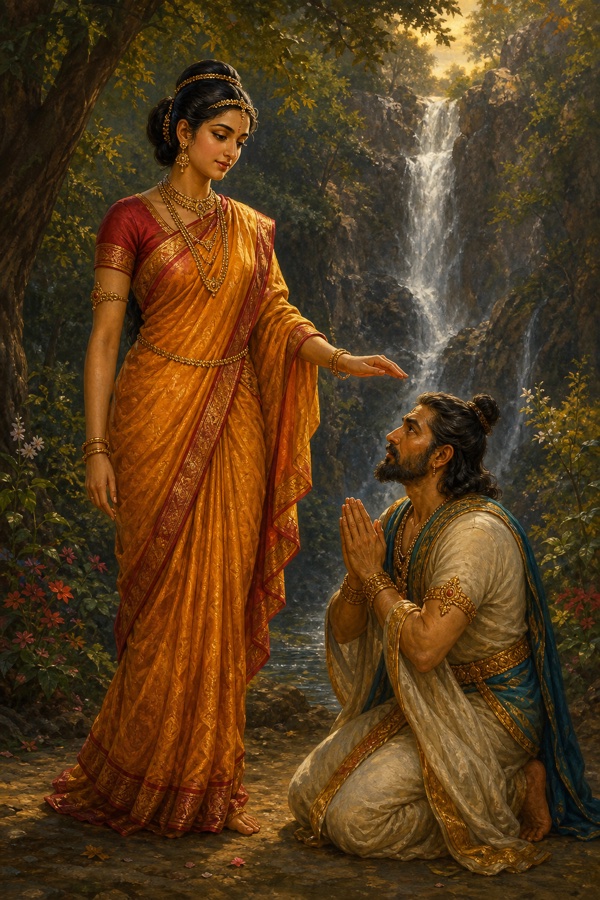 Rich painterly classical-Indian color illustration of Chudala revealed in her own form, sari and bound hair and the loose bangle on her wrist, standing with hand gently extended over Shikhidhvaja who has dropped to his knees with joined palms in pranam at her feet, a forest waterfall behind; the disguise lifted, recognition and reverence; dignified, no text, no watermark
