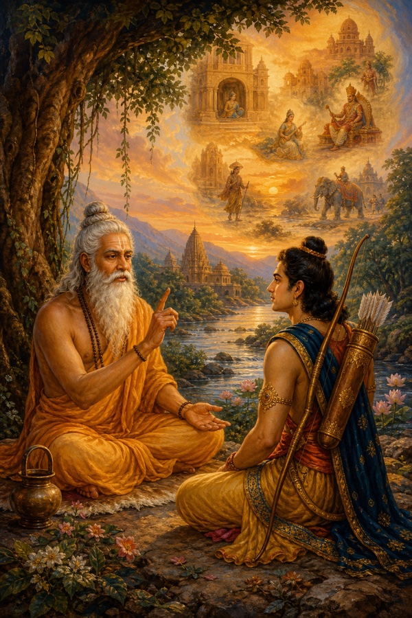 Color painterly classical-Indian scene: the white-bearded sage Vasistha seated cross-legged beneath a great tree on a riverbank, gesturing as he begins a parable, while young prince Rama with bow and quiver listens; warm dawn light, distant temple spires, dignified, no text.