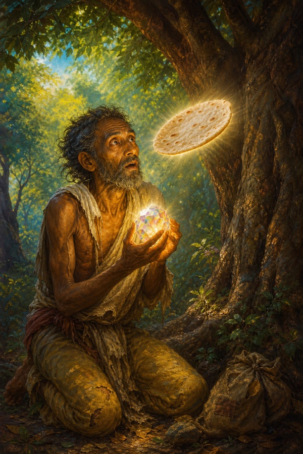 Color painterly classical-Indian scene: a thin ragged miser kneeling under a forest tree clutching a glowing many-faceted gem, a fresh round roti materializing in midair before his astonished face; dappled green woodland light, soft golden radiance from the stone, dignified, no text.