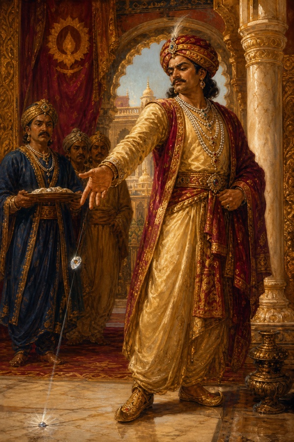 Color painterly classical-Indian scene: a regal turbaned nobleman in jeweled robes standing among palace columns, arm outstretched in disdain as he flings a small bright stone to the marble floor, attendants with a tray behind him; rich crimson and gold palace interior, dignified, no text.