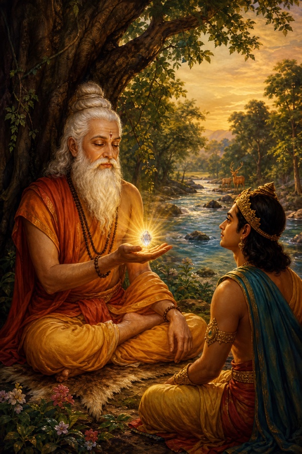 Color painterly classical-Indian scene: the white-bearded sage Vasistha seated under a tree by a flowing stream, eyes lowered in serene wisdom, a luminous gem glowing on his upturned open palm symbolizing inner consciousness; soft radiant light haloing his hand, tranquil river beyond, dignified, no text.