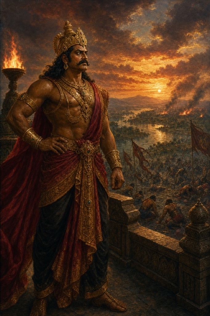 Painterly classical-Indian color illustration of the crowned demon-king Shambara, a powerful blue-grey asura in jewelled armour, standing on a torchlit palace rampart at dusk; below him a smoking battlefield where his defeated soldiers kneel beside a winding river, war banners drooping; brooding mood, rich golds and deep crimsons, no text
