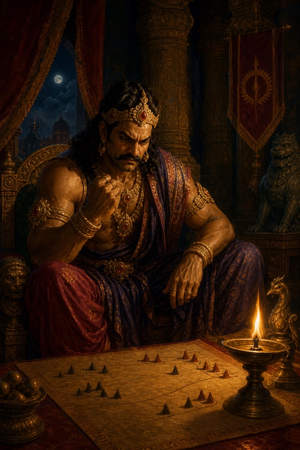 Painterly classical-Indian color illustration of the demon-king Shambara seated alone in his dim lamplit chamber at night, brow furrowed in angry brooding thought, fist clenched, a single oil-lamp casting amber light over carved pillars and a war-map; introspective, ominous; no text