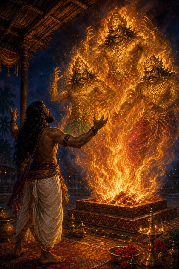Painterly classical-Indian color illustration of Shambara as a long-haired sorcerer in a dhoti raising both arms over a blazing fire-altar in a thatched pavilion at night, conjuring three crowned flame-wrapped demon figures rising out of the rising fire; sparks, smoke, golden glow; no text