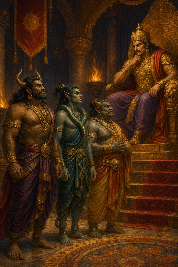 Painterly classical-Indian color illustration of three newly-created demons standing in a row before the armoured King Shambara on his throne in a torchlit hall: Dama steady and strong, Vyala lithe and serpentine-swift, Kata patient and broad; the king studies them; ceremonial dignity, jewel tones; no text