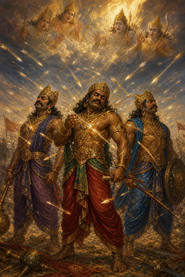 Painterly classical-Indian color illustration of the three fearless demon-warriors standing unharmed on a battlefield as a storm of divine arrows from the devas glances off them harmlessly; one demon calmly pulls an arrow from his chest and resumes fighting; awestruck devas in the sky above; dramatic, dynamic; no text