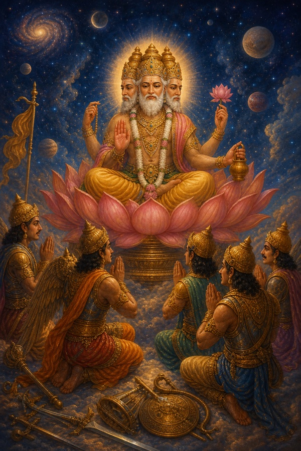 Painterly classical-Indian color illustration of armoured devas with folded hands kneeling in supplication before four-faced Brahma seated on a lotus throne under a starlit cosmic sky; their weapons laid aside; reverent, serene celestial atmosphere, soft radiant light; no text
