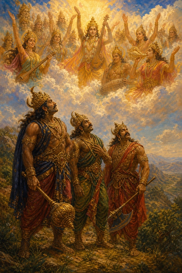 Painterly classical-Indian color illustration of a celestial chorus of devas in the clouds above raising hands and singing praise, while the three demon-warriors stand on a hillside below pausing mid-stride, hearing their own names extolled for the first time; sunlit, charged moment of dawning ego; no text