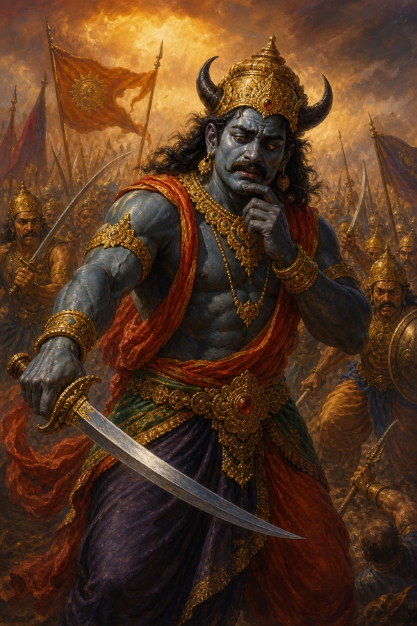 Painterly classical-Indian color illustration of the demon Dama on a battlefield now hesitating before a strike, face clouded with anxious calculation, his sword-arm slowed and tense while enemies press in; visible inner doubt where there was once effortless fearlessness; tense, shadowed mood; no text