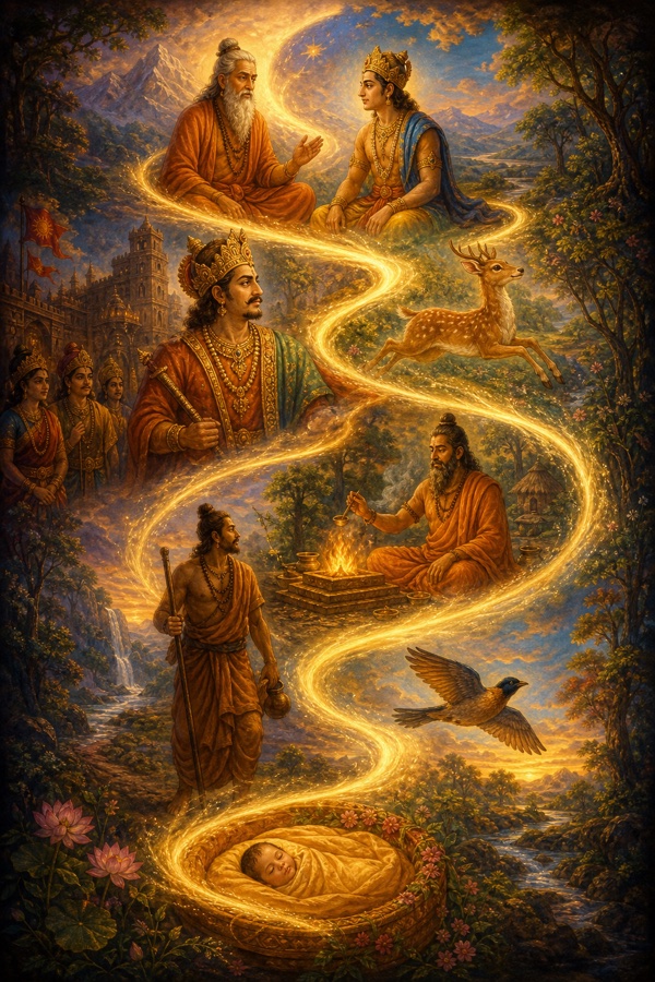 Painterly classical-Indian color illustration of a swirling vertical river of light threading through many lifetimes on a single luminous strand: a crowned king, a leaping deer, a sage at a fire-altar, a wandering staff-bearing ascetic, a bird; the cycle of rebirth, mystical and dignified; no text