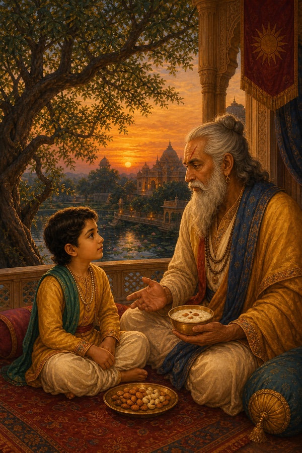 Painterly classical-Indian color illustration of the aged minister Vasudatta with a scar on his brow and the five-year-old prince Dhanya seated together on a palace balcony at dusk; a bowl of warm cream-topped milk and a plate of nuts between them; below, a garden pond and an old neem tree leaning toward the balcony; warm twilight glow; no text