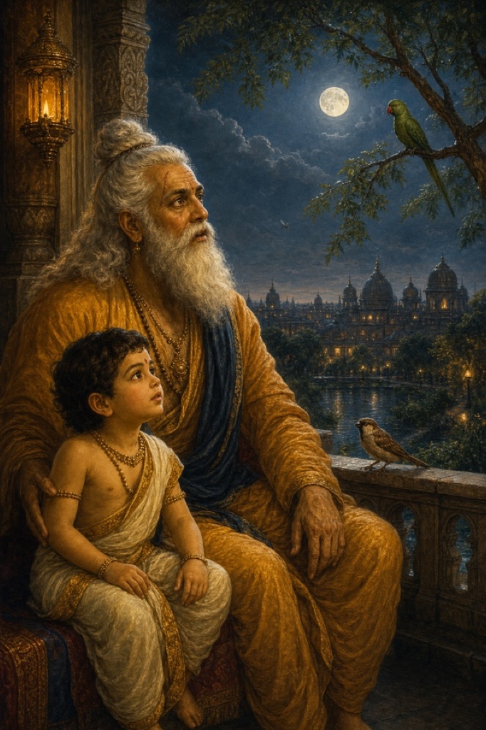 Painterly classical-Indian color illustration of the climactic moment of recognition on the moonlit balcony: a small brown sparrow on the parapet, a green red-beaked parrot on the neem branch, and a mosquito hovering near the prince, all suddenly still and inward-gazing as memory floods them; the minister and prince nearby; hushed luminous mood; no text