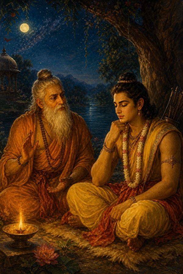 Painterly classical-Indian color illustration of the sage Vasistha teaching young prince Rama beside calm water at night; Vasistha gestures gently in counsel while Rama listens with closed eyes turned inward, observing his own desires; soft lamplight, starlit sky, an atmosphere of quiet wisdom; no text
