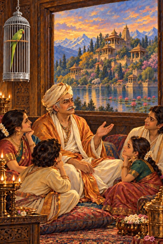 By evening lamplight the minister Narasimha recites the war of gods and Daityas as Kata, a parrot in a silver cage, listens.
