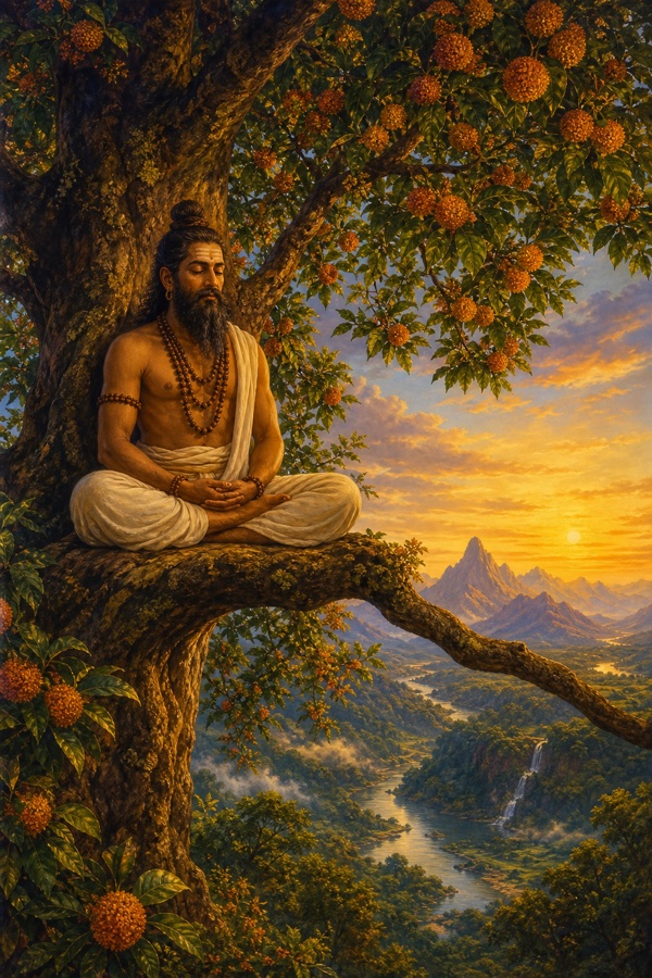 Color painterly classical-Indian illustration: the ascetic Dasura, bearded with rudraksha beads and white dhoti, seated in serene meditation high on a broad branch of a great flowering kadamba tree, back against the trunk, dense green canopy with orange kadamba blossoms, a river valley and blue distant mountains below, soft golden dawn light; dignified, no text, no watermark