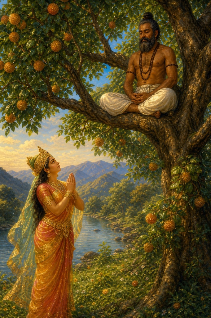 Color painterly classical-Indian illustration: a radiant crowned goddess in flowing jewelled robes standing at the foot of the great kadamba tree, head tilted upward with palms folded, calling up to Dasura who sits meditating on a high branch above; lush foliage, soft celestial glow around the goddess, riverbank setting; dignified, no text, no watermark