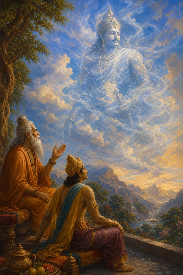 Color painterly classical-Indian illustration: the wind-born king Khottha as a translucent crowned figure made of swirling air and faint mist, his royal form half-dissolving into drifting clouds against an open sky, a ghostly outline of a body holding a vague kingly shape; ethereal blues and pale gold, dreamlike; dignified, no text, no watermark