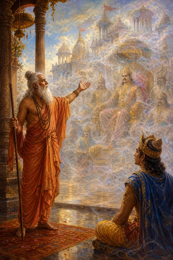 Color painterly classical-Indian illustration: a real flesh-and-blood rishi with white beard and staff standing in a pillared open court gesturing at the surroundings, while the crowned wind-king Khottha and his entire palace, throne, ministers and courtiers shimmer and dissolve into transparent mist around them; the rishi solid and grounded, the kingdom airy and fading; dignified, no text, no watermark