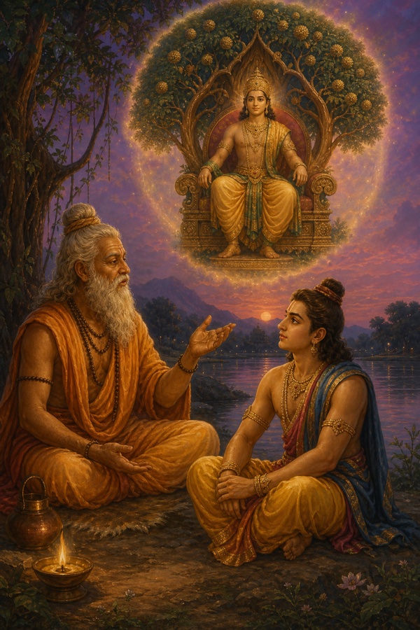 Color painterly classical-Indian illustration: sage Vasishtha, elderly and serene, speaking gently to young prince Rama at dusk by a riverbank; in a soft glowing vision above, Rama is shown later seated calm and centred upon a royal throne that subtly echoes the shape of a kadamba tree; twilight purples and warm lamplight; dignified, no text, no watermark