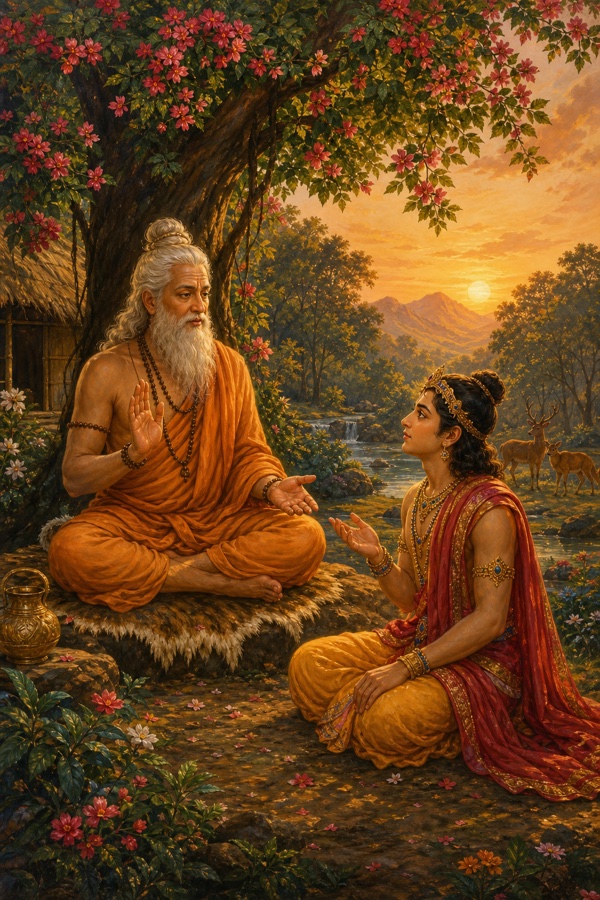 Sage Vasistha seated cross-legged beneath a flowering tree in a forest hermitage, gently raising one hand in teaching, while young prince Rama sits attentively before him asking a question; warm dawn light, classical Indian palette of saffron, deep green and crimson, painterly miniature style, dignified, no text