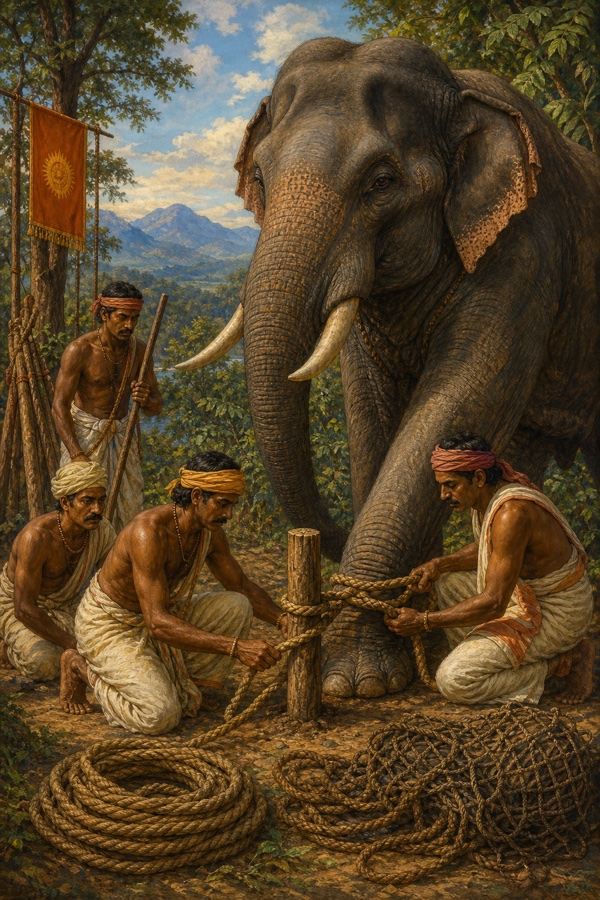 Hunters in dhotis kneeling and looping a thick rope around the foreleg of a large captured bull elephant, tying it firmly to a stout wooden stake driven into the earth; coiled rope and nets on the ground, jungle and distant blue hills behind, vivid color classical Indian illustration, dignified, no text