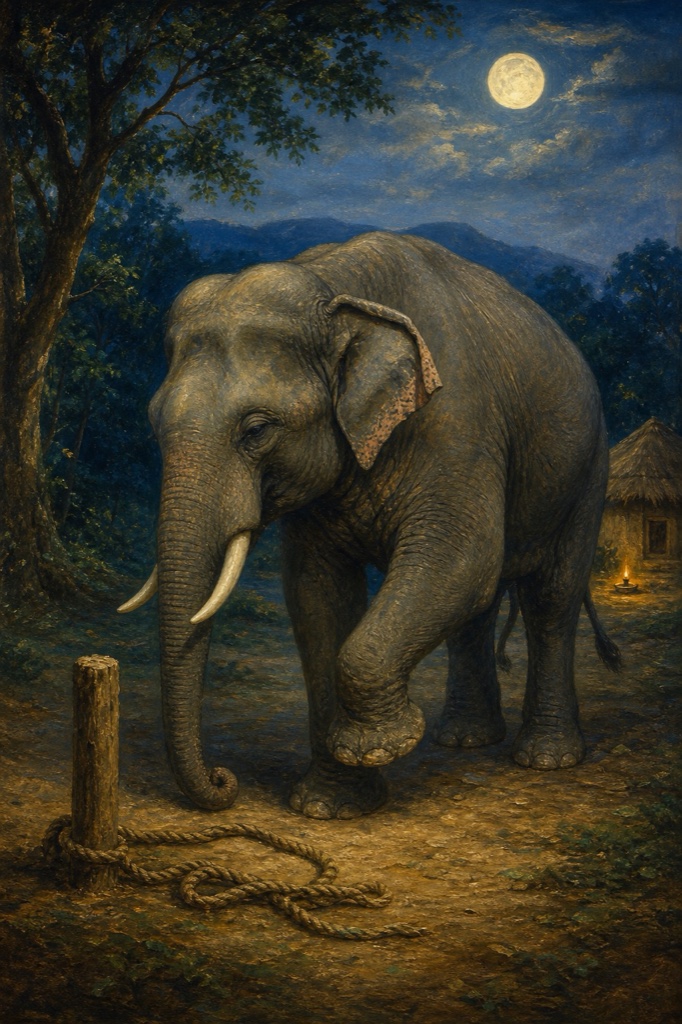 At night the great elephant stands beside the stake with the slack rope lying loose and open on the ground at its foot, one foreleg raised mid-step then halted, head lowered as if still bound; moonlit silvery-blue tones with warm lamp glow, painterly classical Indian style conveying inner captivity, dignified, no text
