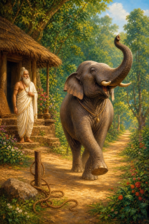 The freed elephant striding confidently down a forest path toward lush green woodland, trunk lifted, the loose rope and stake left behind at the wayside; a bearded sage in white robes standing near a thatched hut watching it go; bright daylight, joyful classical Indian color palette of greens and golds, dignified, no text