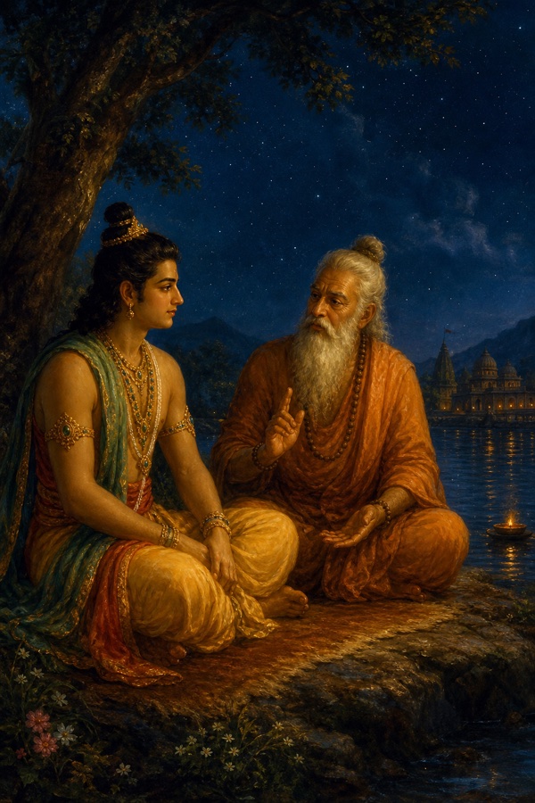 Painterly classical-Indian night scene on the bank of the Sarayu: the young prince Rama seated beside the white-bearded sage Vasistha, a single small temple lamp glowing on the dark river water, both in quiet dialogue under a starlit sky, warm lamp-gold against deep indigo, dignified, no text.