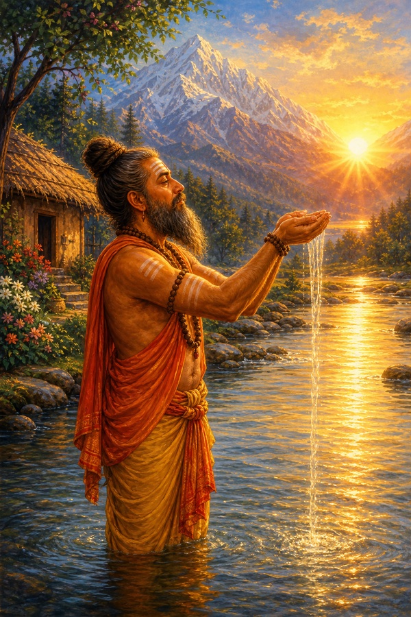 A devout brahmin Gadhi with topknot and rudraksha mala stands knee-deep in a cold mountain river at sunrise, palms cupped in anjali offering water toward the rising eastern sun, lips moving in mantra, his mud hermitage and garden on the bank, golden dawn light on the water, rich color, dignified, no text.