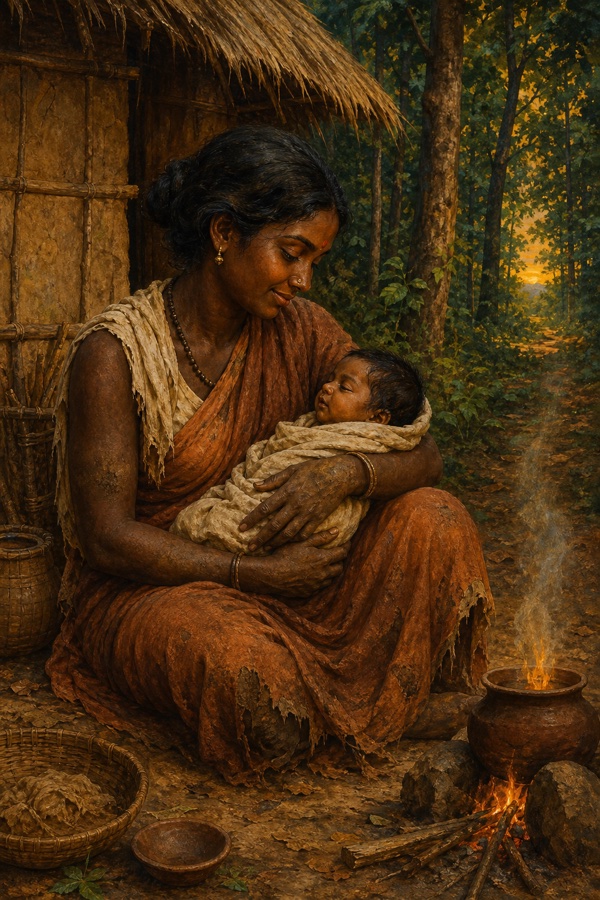A thin dark-skinned chandala woman in worn cloth sits outside her thatched forest-edge hut cradling her newborn son, mud-stained hands, a small cooking fire and the forest behind her, tender warm earthy tones, classical Indian painting, dignified, no text.