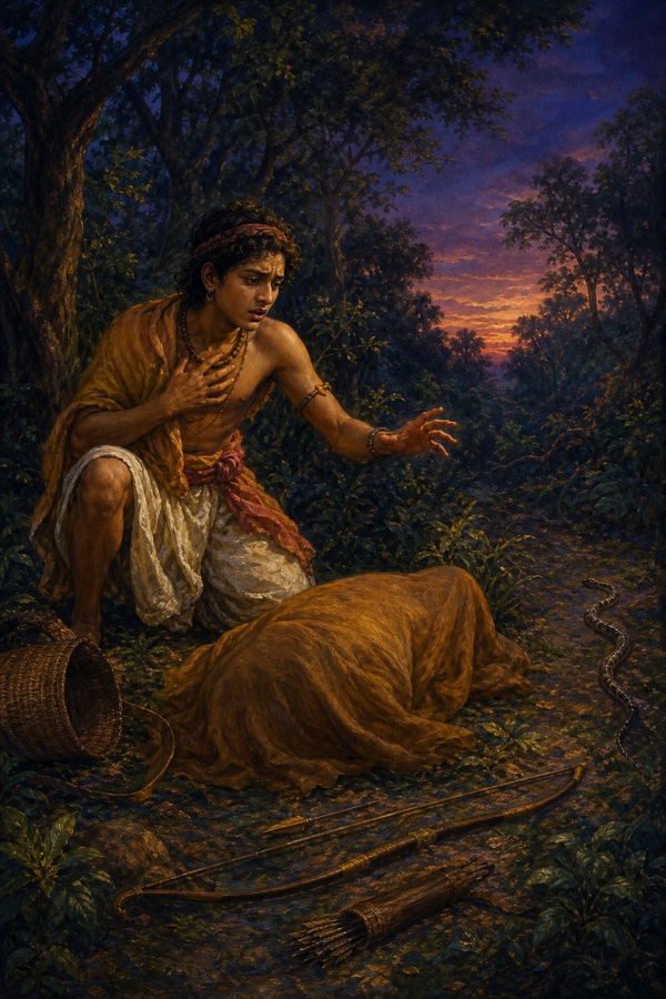 In a dusk forest a young chandala hunter recoils in grief as his companion lies fallen, a snake slithering away through the undergrowth, hunting bows and a basket dropped nearby, somber muted greens and twilight blues, classical Indian painting, dignified, no text.