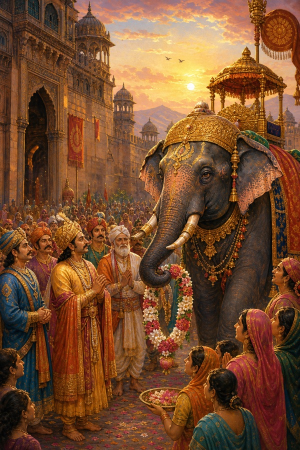 At the gate of Kir city a richly caparisoned royal elephant draped in gold stands holding a flower garland, turbaned ministers and a crowd of townsfolk gathered in the dawn light, ornate city ramparts behind, vivid color, classical Indian painting, dignified, no text.