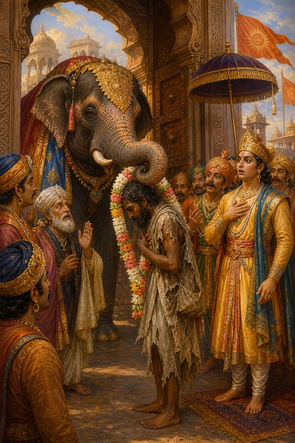 The royal elephant lowers a thick flower garland onto the neck of a tattered ragged wanderer at the city gate, ministers and citizens watching in astonishment, the chosen king-to-be stunned, rich ceremonial color, classical Indian painting, dignified, no text.