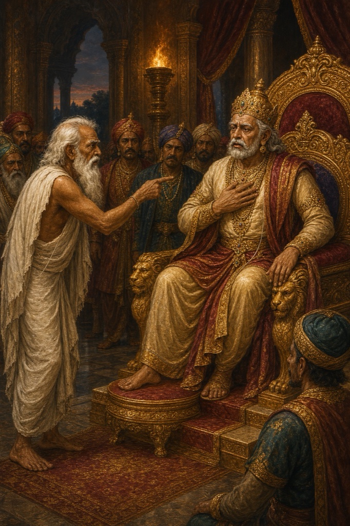 In a torch-lit royal court an old brahmin in ragged white stands before the lion-throne pointing toward the seated king, courtiers and ministers watching in tense silence, the king's hand at his chest, dramatic shadows, classical Indian painting, dignified, no text.