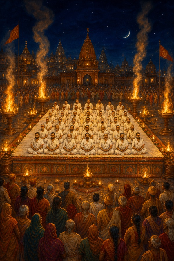 In the centre of the city forty brahmins in white seat themselves upon a great pyre as flames rise around them at night, a robed crowd watching from a distance, pillars of smoke climbing into the dark sky, solemn fire-orange against night blue, classical Indian painting, dignified, no text.