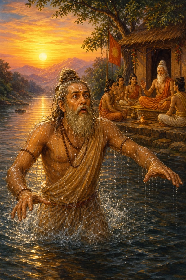 A wet brahmin Gadhi rises with a start from his dive in the cold river, water streaming from his arms and topknot, eyes wide with shock, the sun still fixed at sunrise exactly where it was, his hermitage on the bank, luminous dawn color, classical Indian painting, dignified, no text.