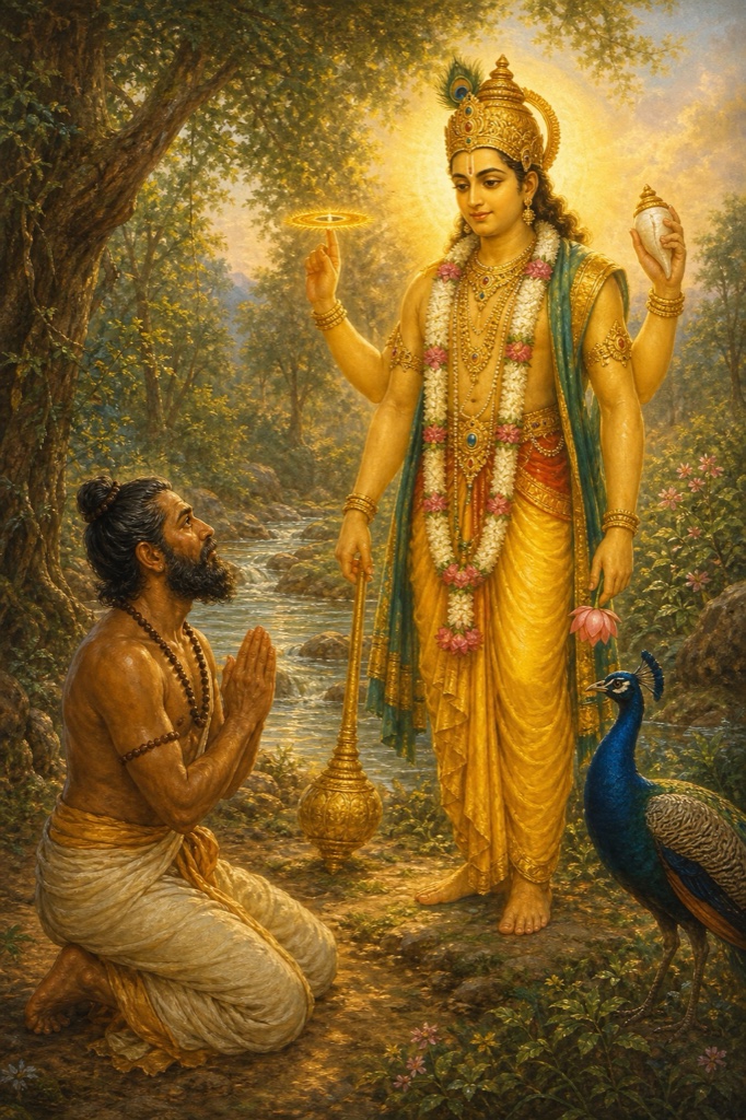 A radiant four-armed Vishnu with crown, garland and golden complexion in yellow pitambara appears in a forest clearing holding chakra and conch, while the brahmin Gadhi kneels with folded hands at his feet, divine glow, vivid color, classical Indian painting, dignified, no text.