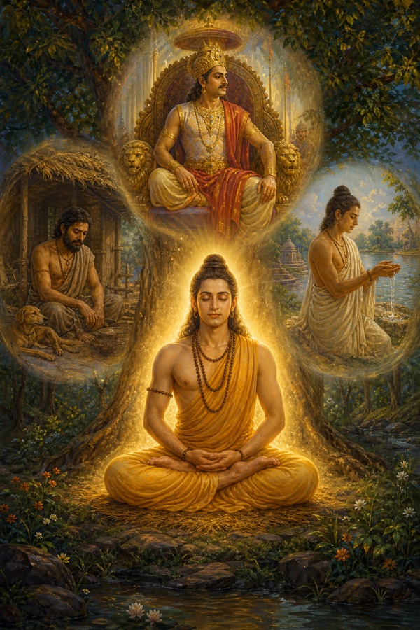 A seated meditating Gadhi glowing with inner light in a forest clearing, around him faint translucent visions of his three lives gathered into one frame: a chandala hut, a lion-throne with crown, and a brahmin at the river, he the luminous witness behind them all, soft golden radiance, classical Indian painting, dignified, no text.