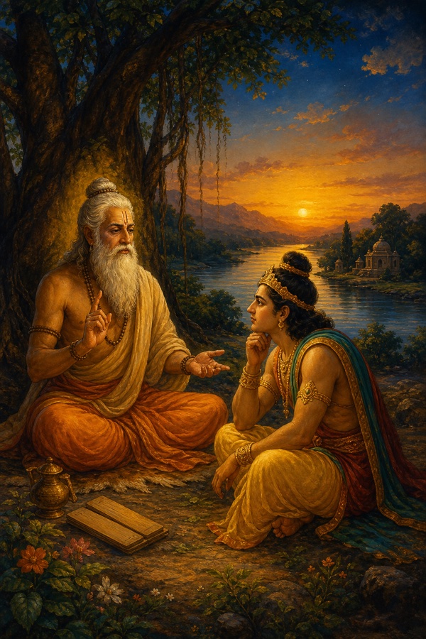 An old white-bearded sage Gadhi sits cross-legged with a young man beneath a tree at dusk, river and hills behind them, the youth leaning forward in earnest question as the sage teaches, warm sunset gold and deep evening blue, classical Indian painting, dignified, no text.