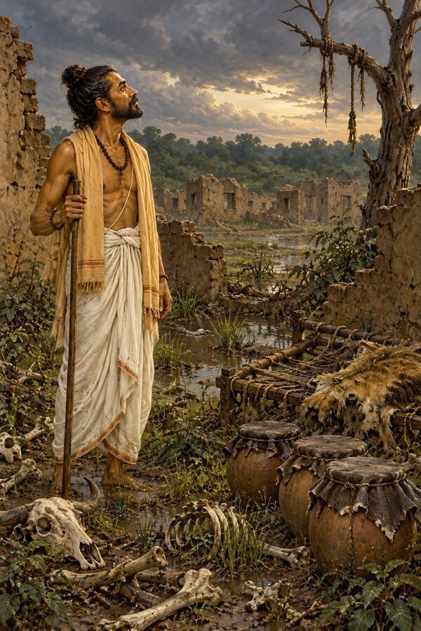 Gadhi stands with his staff in the ruined chandala hamlet among roofless walls, a broken bed with a lion skin and scattered bones.