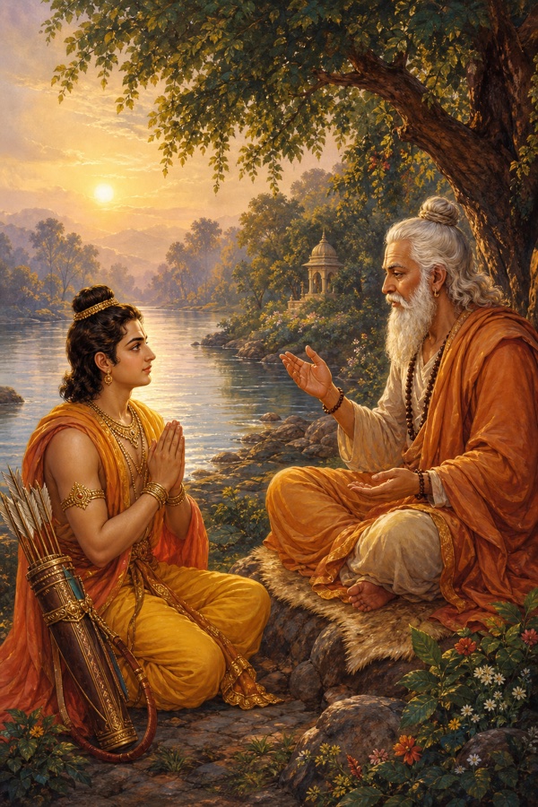 Young prince Rama, hands folded in namaste, sits by a tranquil river facing the white-bearded sage Vasistha; a quiver of arrows rests beside Rama, soft morning light on the water, classical Indian miniature color style, dignified, no text