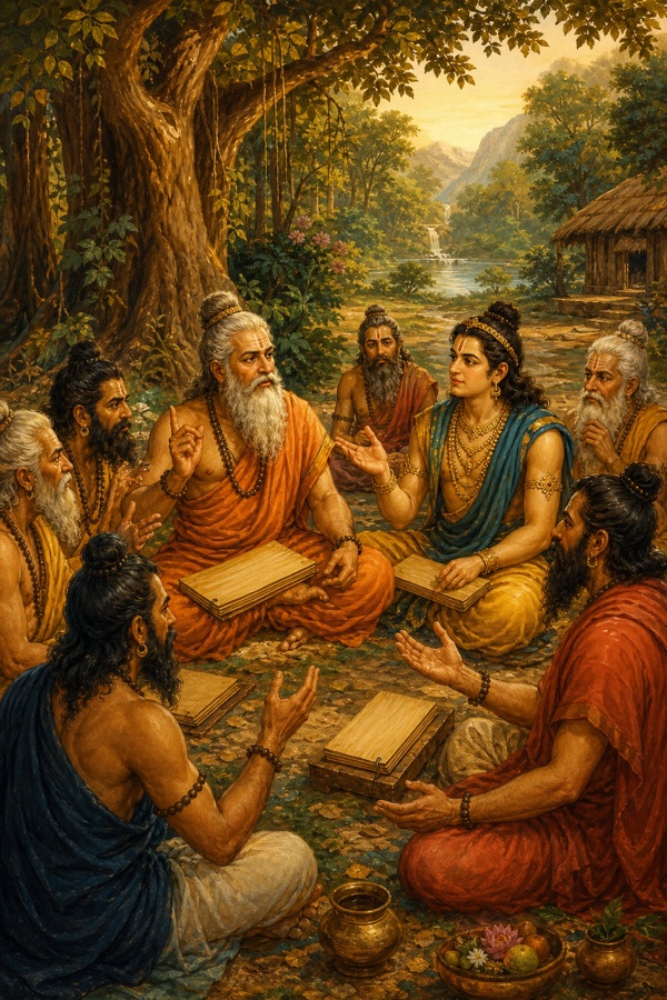 A circle of ancient rishis beneath forest trees in animated debate, open palm-leaf manuscripts between them, hands raised mid-argument, expressive faces, warm ochre and green tones, rich classical-Indian color illustration, dignified, no text